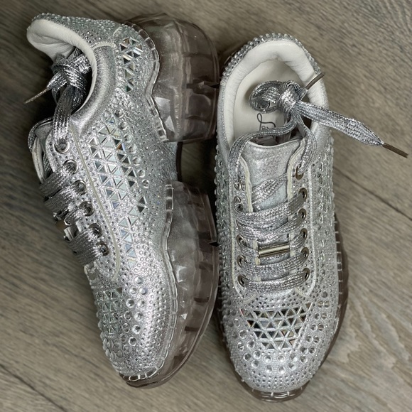 Lace Up Rhinestone Silver Chunky Platform Sneakers NWB! - Picture 9 of 16